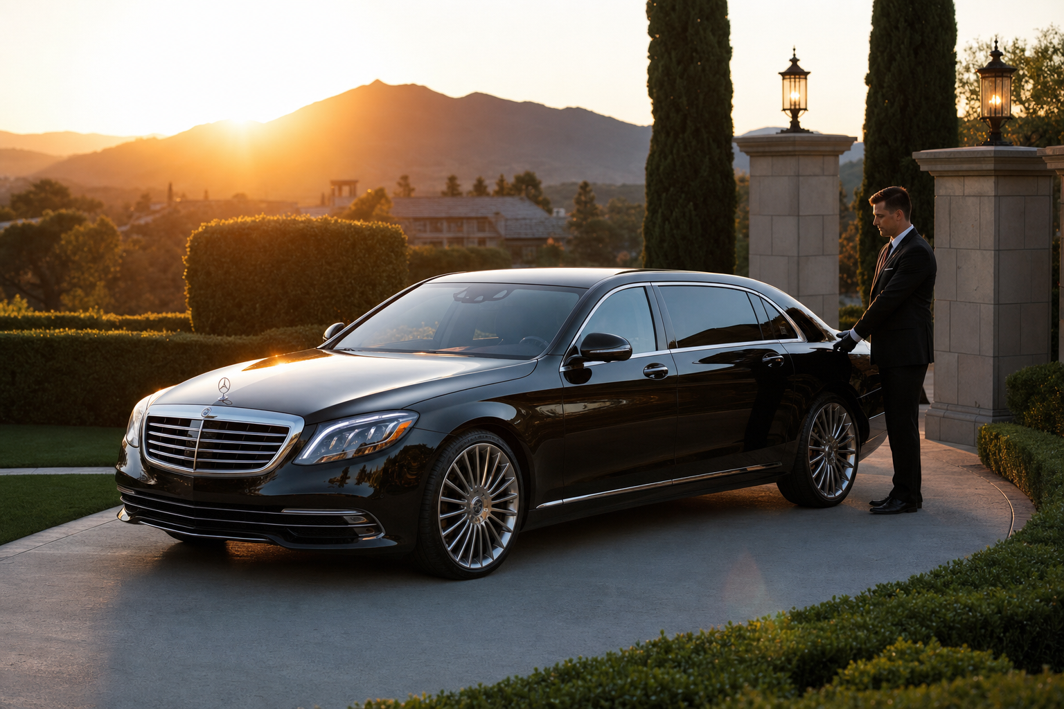 Black Mercedes-Benz S-Class chauffeur sedan at a Blackhawk estate driveway at sunset with Mt. Diablo in the background