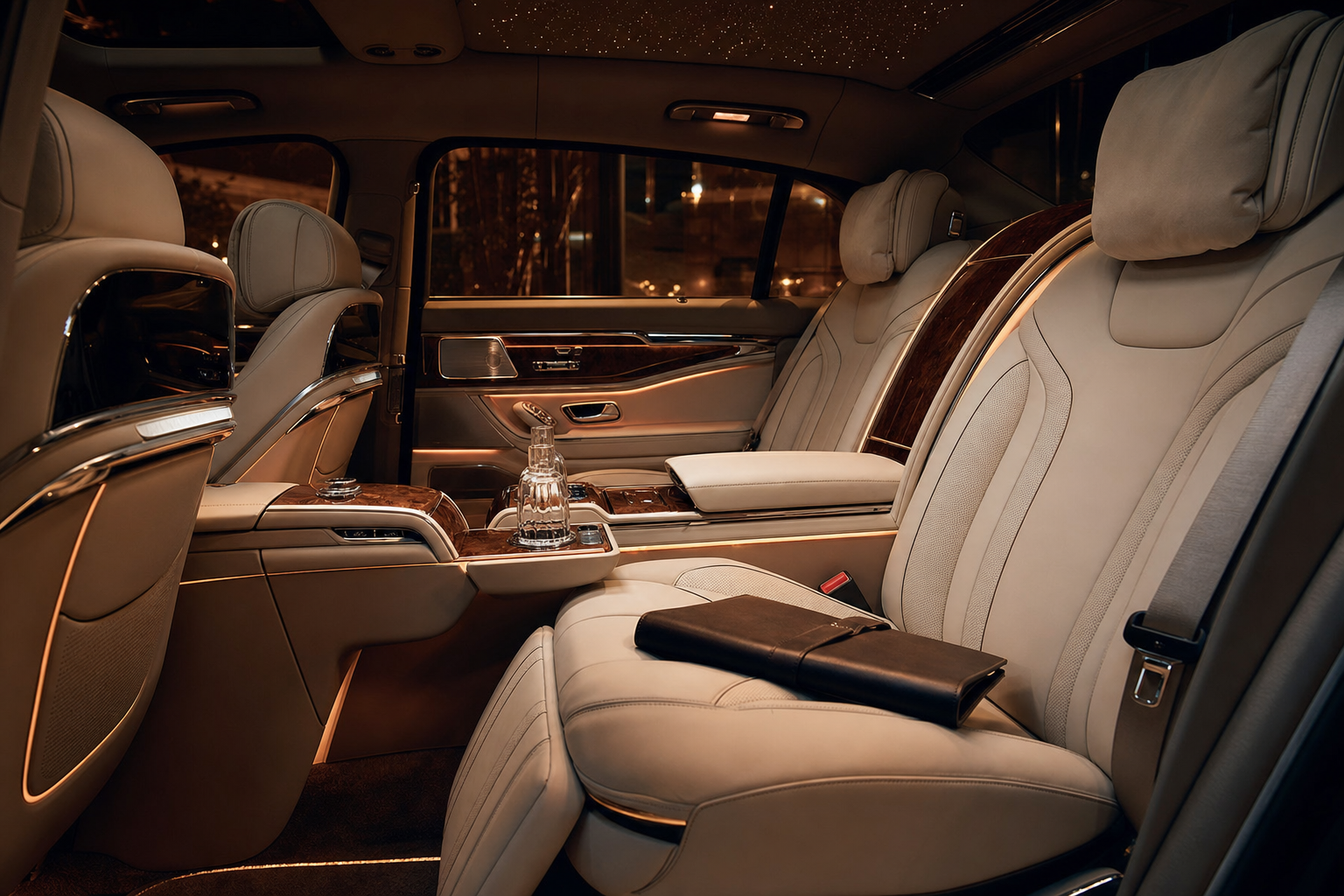Interior of a luxury executive sedan with cream leather seats, walnut wood trim, and amber ambient lighting