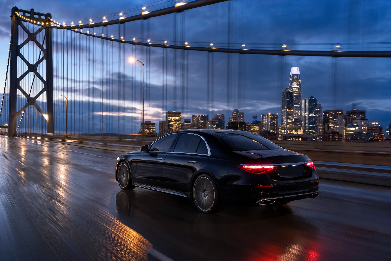 Sleek black sedan crossing the Bay Bridge at twilight with the San Francisco skyline behind