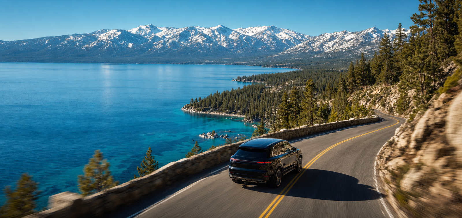 Black luxury SUV on a winding mountain road overlooking the blue waters of Lake Tahoe